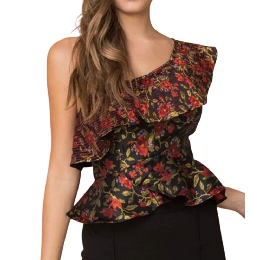 Champagne & Strawberries NWT Red Floral Jacquard One Shoulder Ruffle Blouse